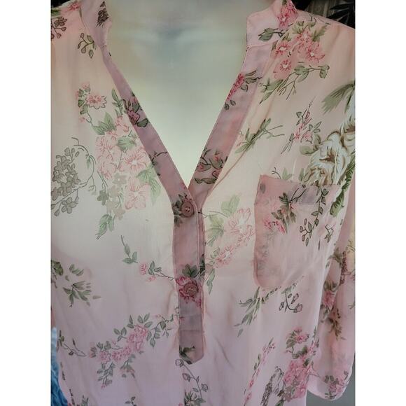 Wet Seal Sheer Pink Floral Blouse V neck Button up 3/4 Sleeve Sz S - Picture 2 of 4